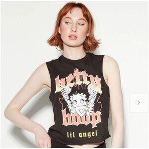 BETTY BOOP Tank Top Women’s XL Black Lil Angel Print Sleeveless Cut Out Cropped